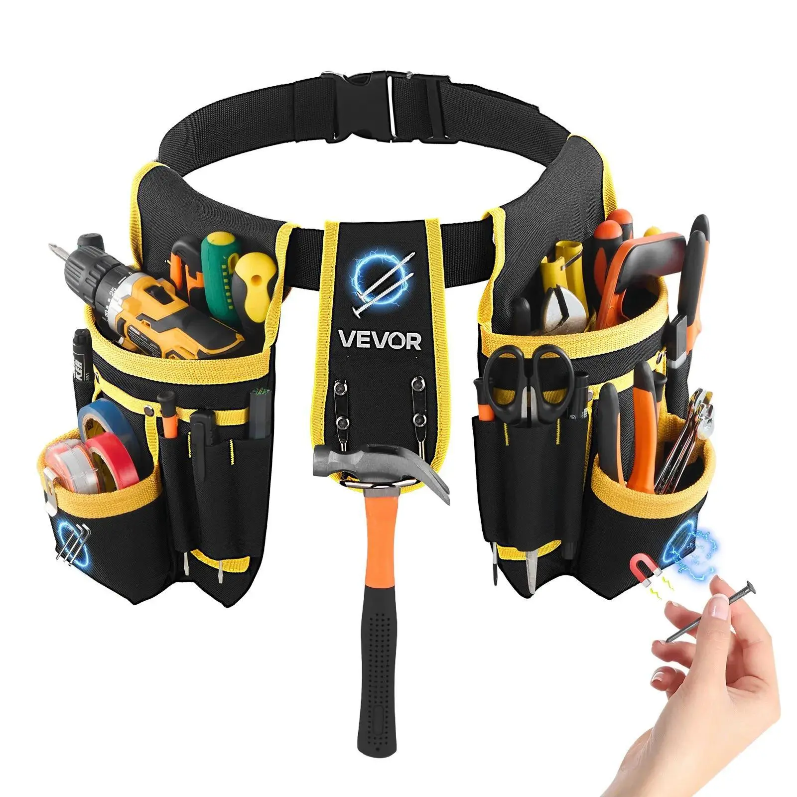 【Summerfinds】VEVOR Heavy-Duty Polyester Utility Belt, Magnetic Pouch Tool Bag with Detachable Portable Tool Storage Bag, Adjustable 31-48in Waist for Carpentry Professionals, Portable Tool Bag