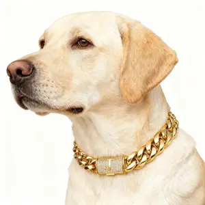 14MM Cuban Link Dog Collar Chain, Heavy Duty Chew-Proof 18K Gold Plated Stainless Steel Solid Dog Chain Necklace,  Custom Letter Lock, 10–30 Inch diamond cat big breed Gold Puppy Collar with Pendant