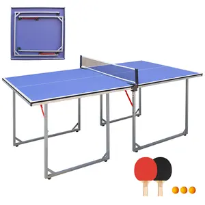 6ft Mid-Size Table Tennis Table, Foldable & Portable Ping Pong Table Set for Indoor & Outdoor Games with Net, 2 Table Tennis Paddles and 3 Balls