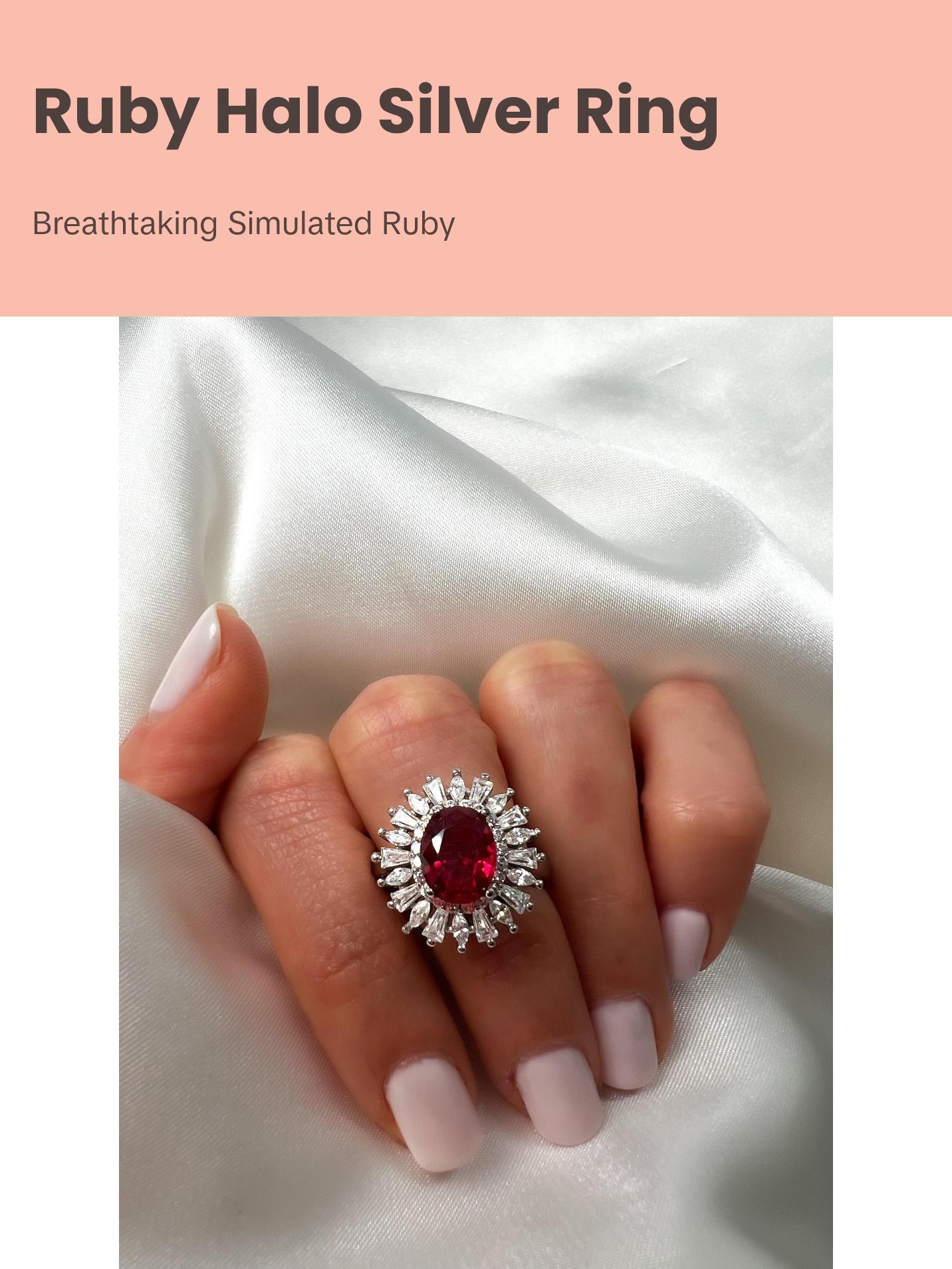 2Ct Oval Cut Ruby Sterling Silver Halo Ring, Size 6.5