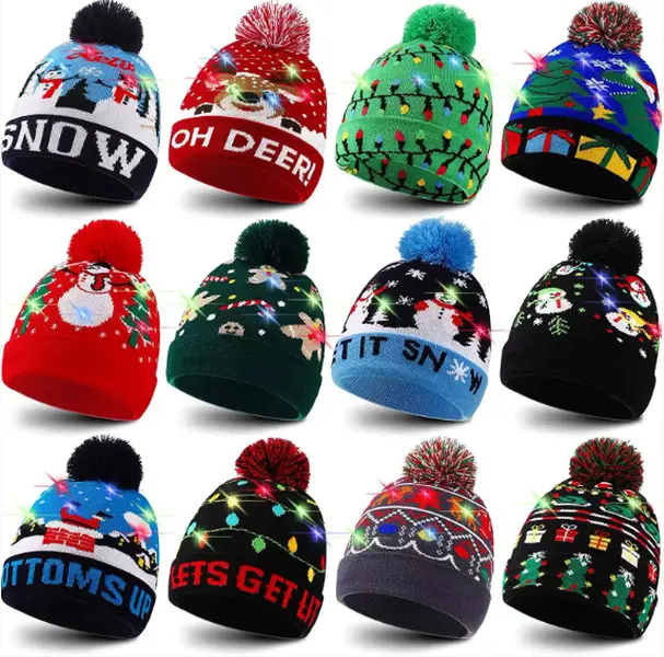 LED Christmas Hat Beanie with Lights Funny Xmas Knit Cap for Holiday Party Ugly Sweater Party Accessories Warm Winter Beanie for Men Women Kids Perfect Christmas Gifts and Festival Decorations