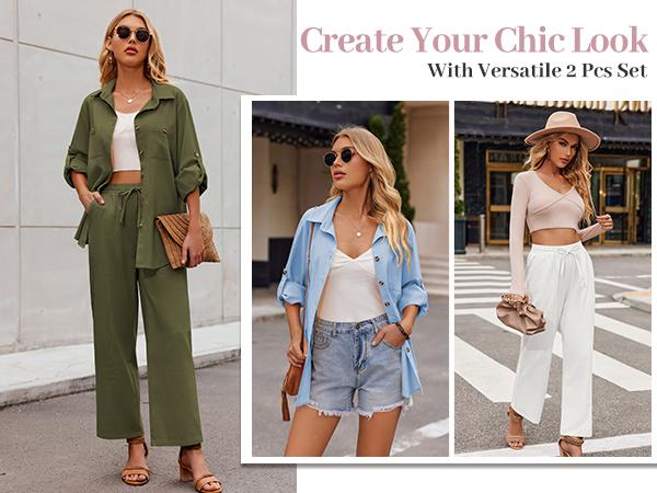 ZEAGOO Women 2 Piece Linen Sets Button Down Shirt and Drawstring Long Pants Set Summer Outfits