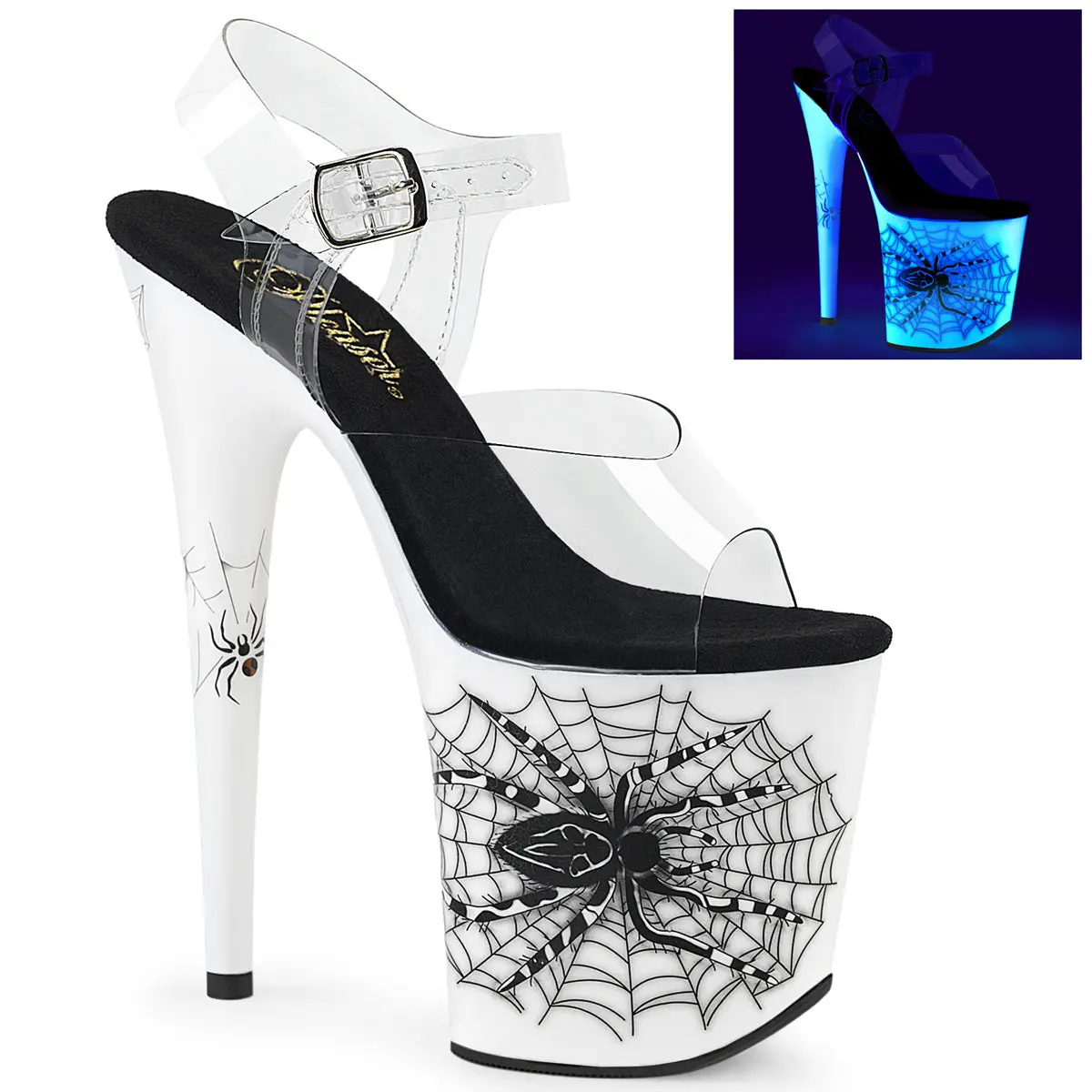 Pleaser Women's High Heel Shoes with a Blacklight Reactive Spiderweb Platform and Transparent Ankle Strap, Platform Heels Sandals