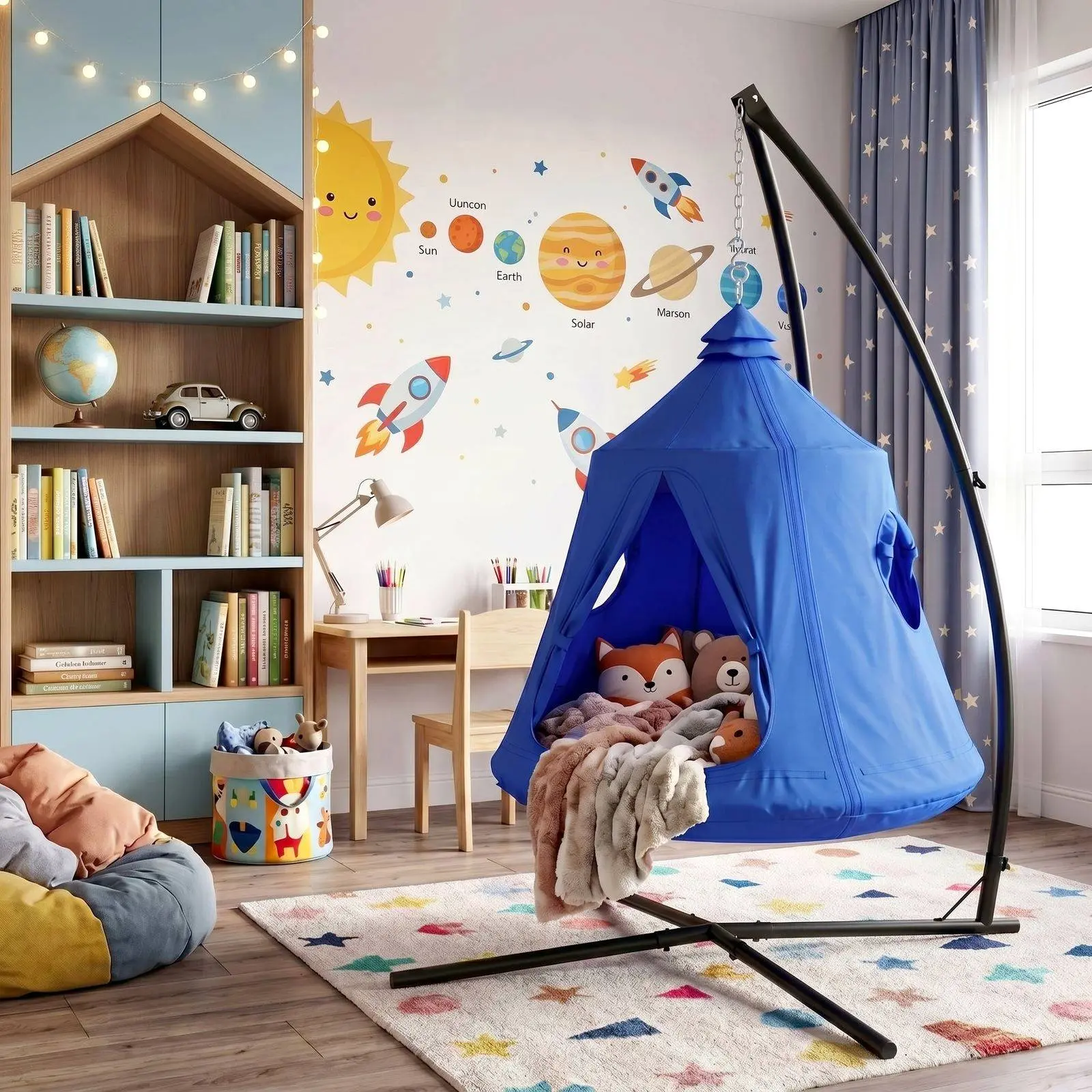 Arlopu X-Shaped Hanging Tree Tent with Swing Chair, Metal Hanging Hammock with LED Lights, 330 LBS Weight Capacity, Adjustable Solid Stand, Kids Play House, homeessentials