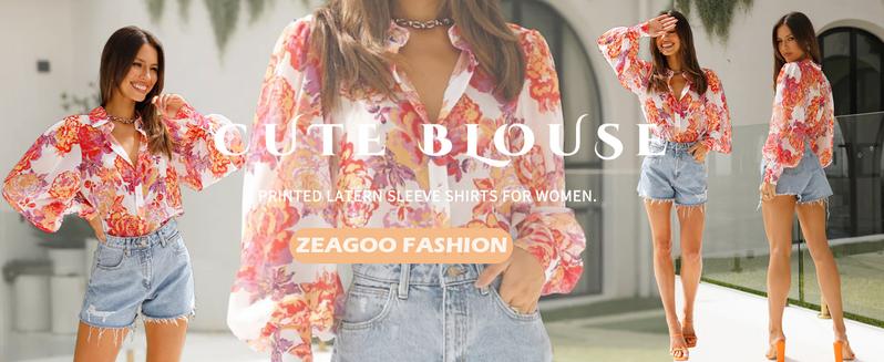 Women's Button Down Printed Lantern Long Sleeve Blouse Chic Collared Fitted Casual Tops Soft Fabric Feminine Patterned Blouse for Work Office Vacation Thin Spring