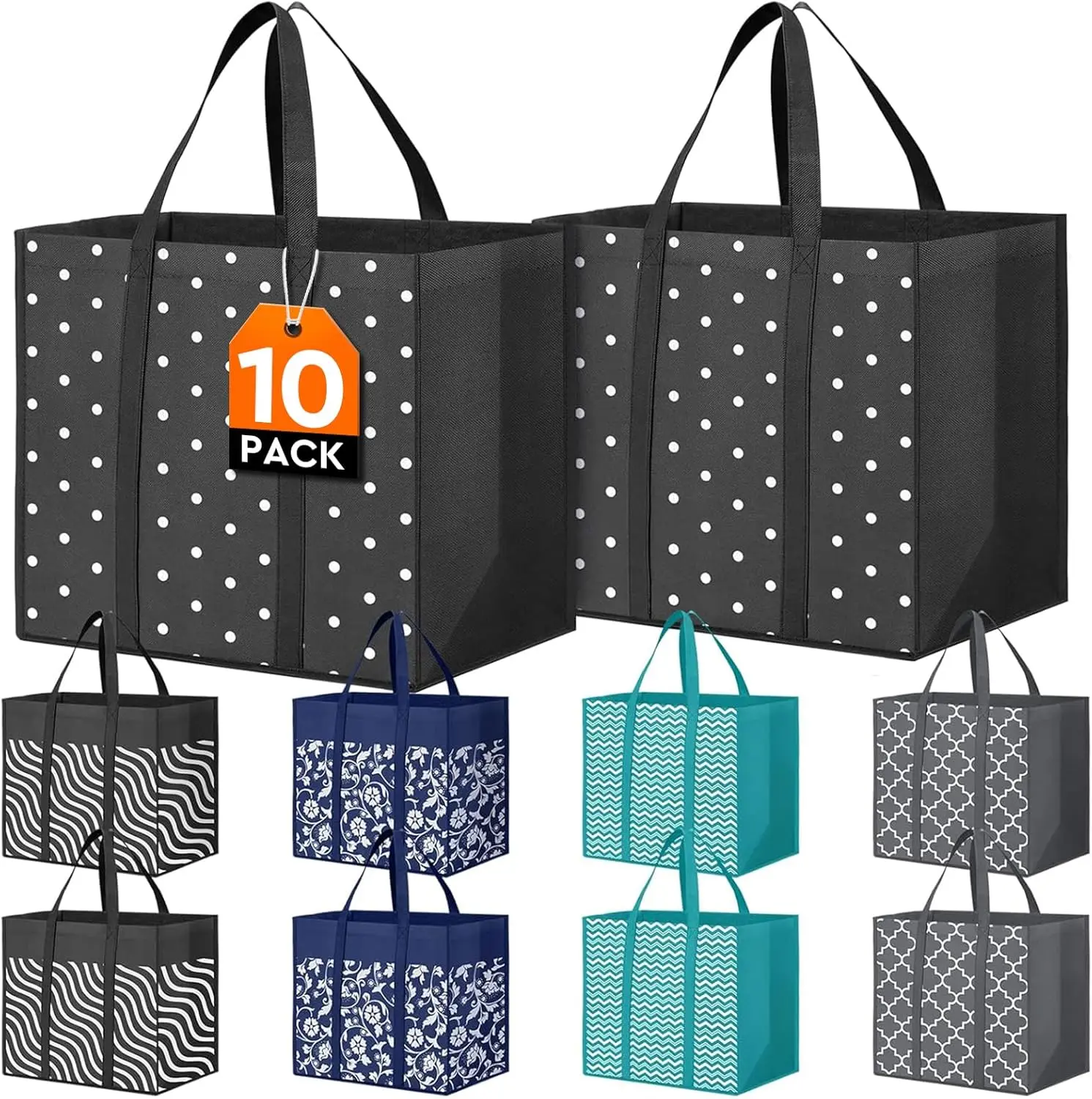 10-Pack Reusable Heavy-Duty Canvas Shopping Totes, 35L Large Capacity Waterproof Grocery Bags with Sturdy Handles, Eco-Friendly for Shopping and Picnic