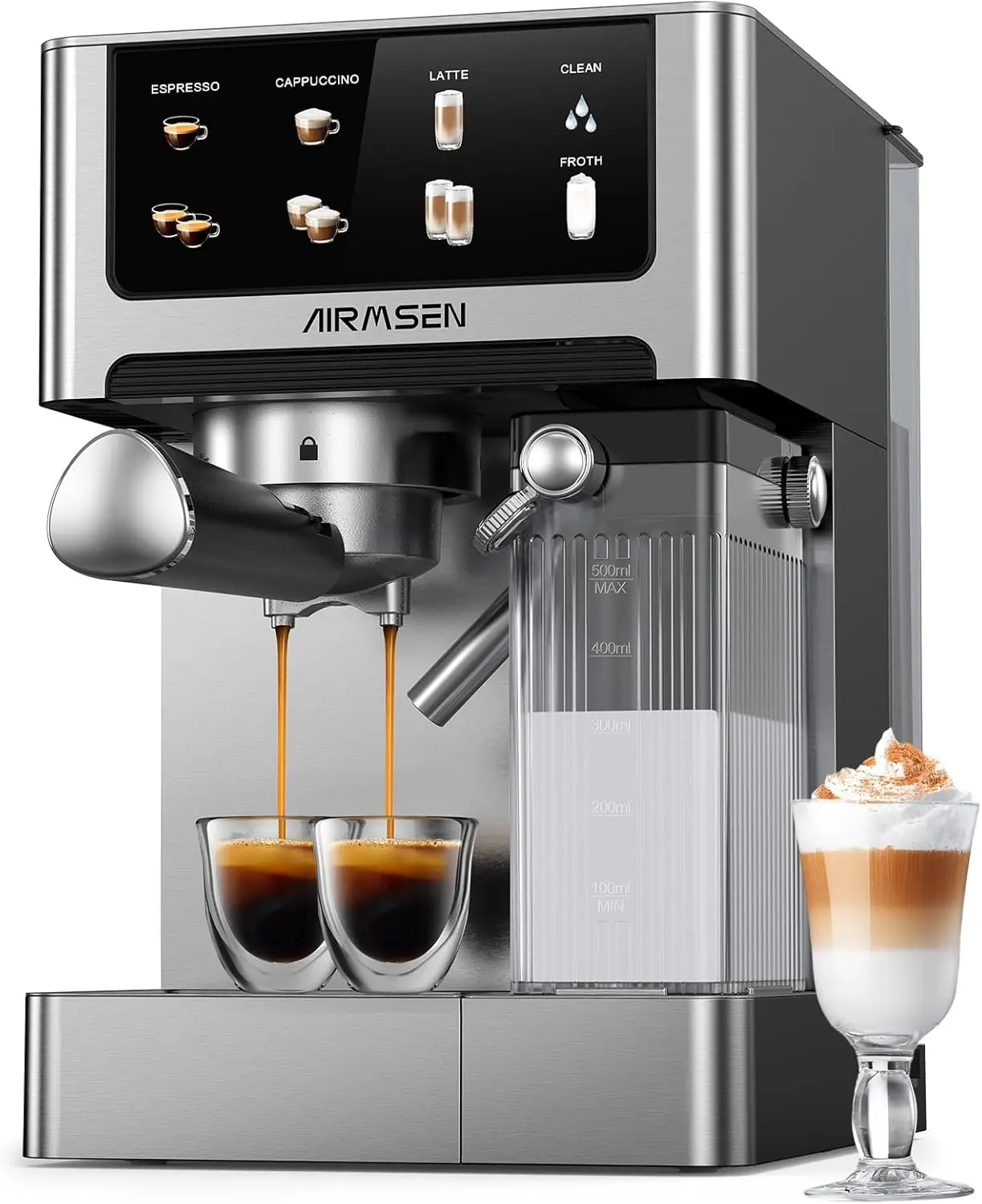 AIRMSEN Automatic All-in-One Coffee Maker, One-Touch Latte Art, Programmable Recipes,Commercial Grade Combo 3-in-1 (Cappuccino/Espresso/Latte) Home&Office 1.8L Large Water Tank,1350w&1000w,Indoor Semi-automatic Coffee Maker Machine Coffee Frother Mixer