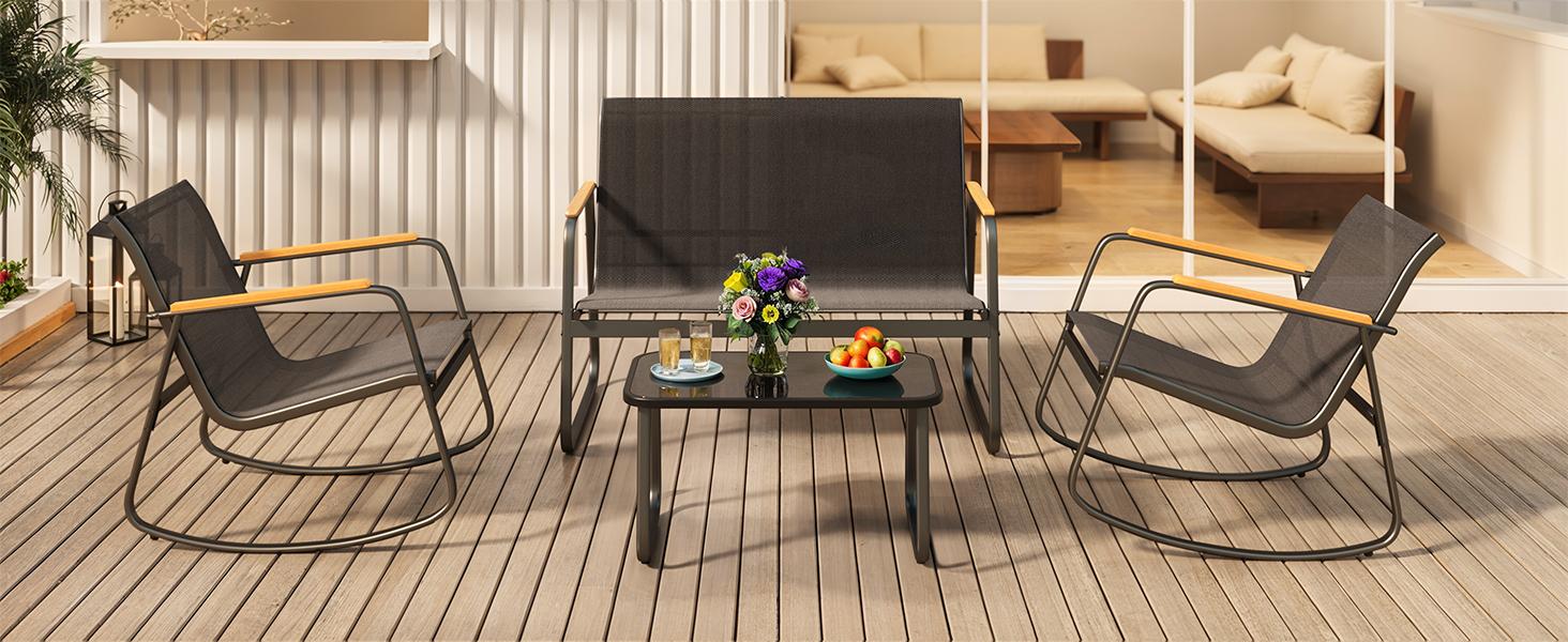 Gizoon 4-Piece Patio Furniture Set, Textilene Outdoor Conversation Set with 2 Rocking Chairs and Tempered Glass Coffee Table, for Lawn, Garden, Balcony, Poolside (Black)