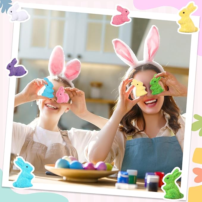 Pastel Flocked Easter Bunny Figurines - 7/6/4 Pcs Cute Velvet Rabbit Statues Set with Bow Ties, Adorable Easter Decor 2026 Bunny in Multiple Sizes & Poses for Tiered Tray Decor Spring Table Centerpiece Shelf Mantel Display Home Party Gifts Basket Stuffers