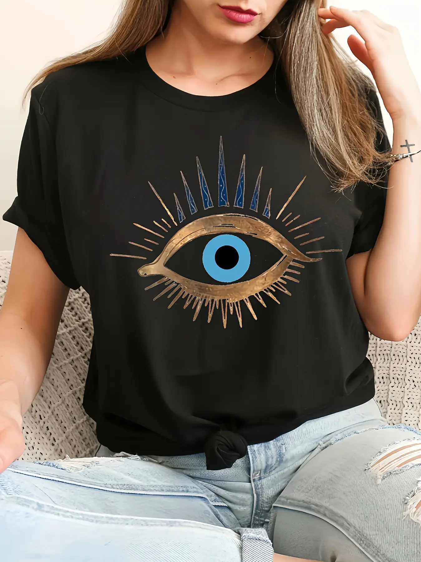 Women's SS Evil Eye Letter T-Shirt: Crew Neck Casual Top, Unique Cotton Print, Breathable Non-Sweaty, Trendy for Outings, Soft