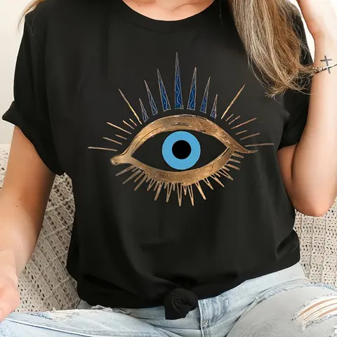 Women's SS Evil Eye Letter T-Shirt: Crew Neck Casual Top, Unique Cotton Print, Breathable Non-Sweaty, Trendy for Outings, Soft