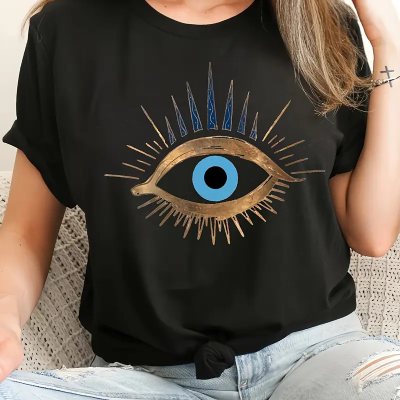 Women's SS Evil Eye Letter T-Shirt: Crew Neck Casual Top, Unique Cotton Print, Breathable Non-Sweaty, Trendy for Outings, Soft