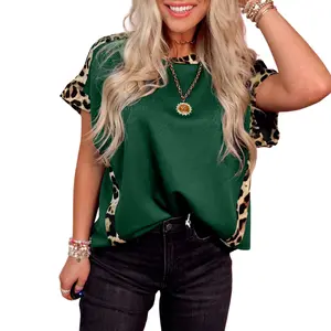 Leopard Trim Round Neck Loose T Shirt
