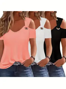 Three-Piece Summer Off-Shoulder Short-Sleeve T-Shirt • Casual Loose Eyelet V-Neck Solid Color Basic Off-Shoulder Short-Sleeve Top