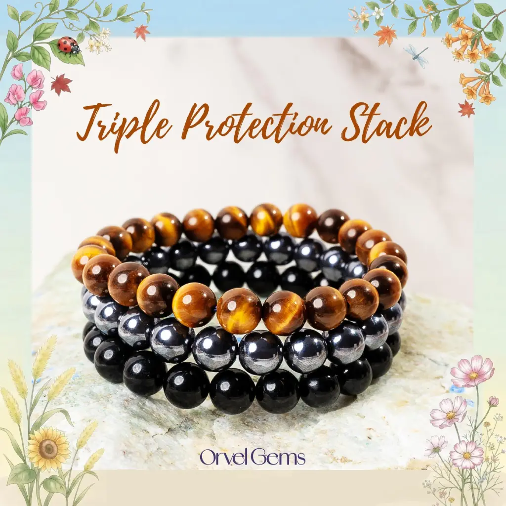 Triple Protection Bracelet Set – 8mm Tiger’s Eye, Obsidian, Amethyst, Apatite, Rose Quartz & Hematite | Unisex Healing Gift Crystal Jewelry Emotional Balance