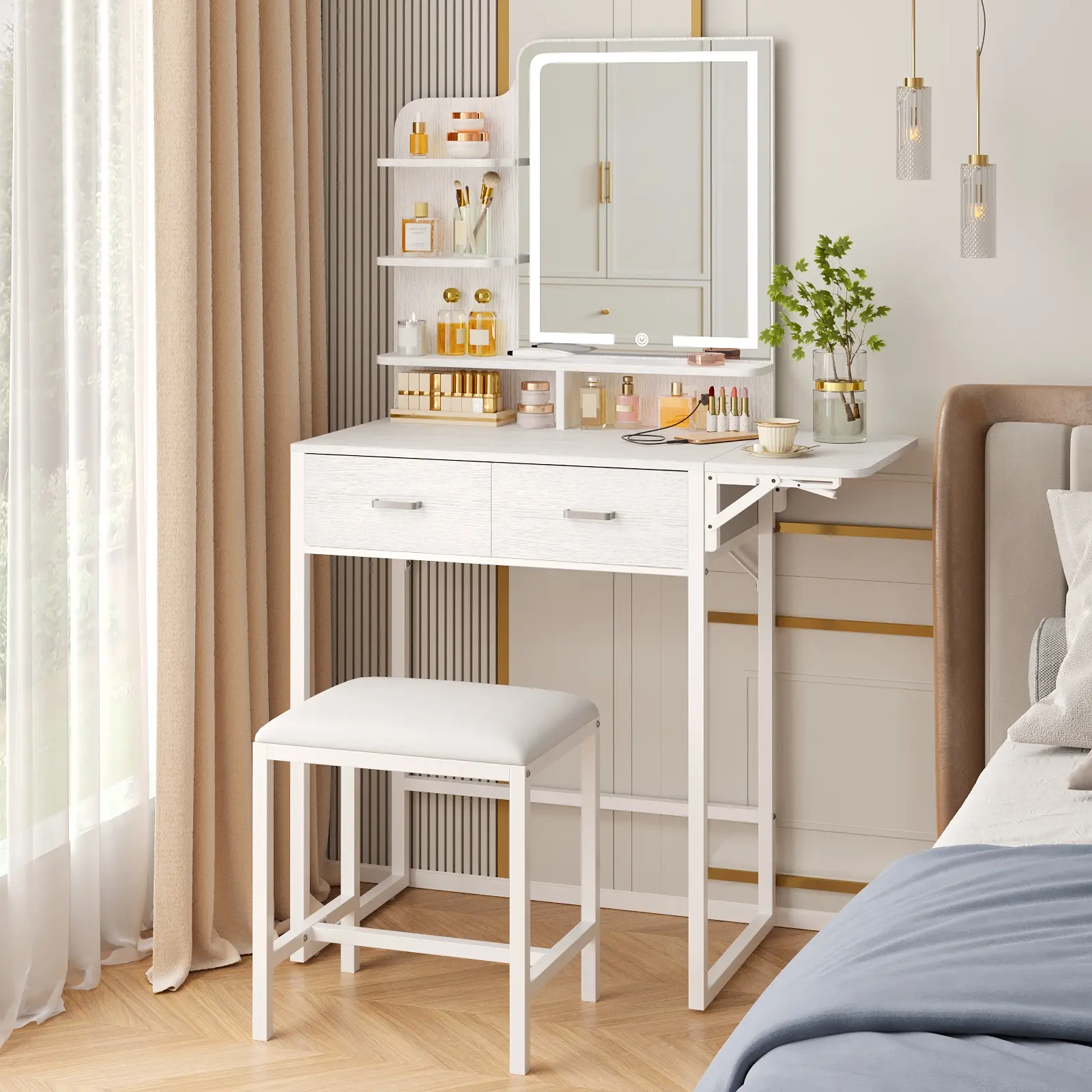 Makeup Vanity Desk with Mirror and Lights, Small Makeup Vanity with Fabric Storage Drawer & Chair & Shelves, White Vanity with Fold-up Panel and Power Outlet for Bedroom