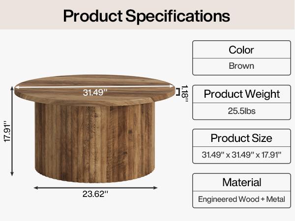 LITTLE TREE 31.5" Round Coffee Table, Farmhouse Circle Coffee Table with Metal Base, Modern Accent Center Table Sofa Side Table for Living Room, Home Office, Wooden Grain Veneer Top