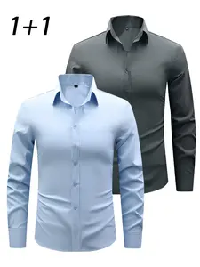 Pack of 2, Men's Long Sleeve Shirt Ice Silk Elastic Business Professional Dress Non-Iron Suit Shirt Casual Tooling