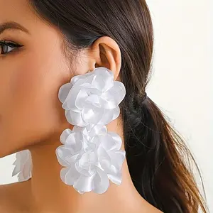 Exaggerated Double Fabric Flower Design Dangle Earrings Bohemian Vacation Style Delicate Holiday Ear Ornaments Puffy Decoration Jewelry Fluffy