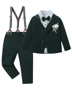 Boy's Tuxedo Suits Set 7 Piece,  Kids Formal Dress Wedding Clothes  Jacket, Pants, Shirt, Vest, Corsage, Suspender and Bow Tie for 6-12 Years