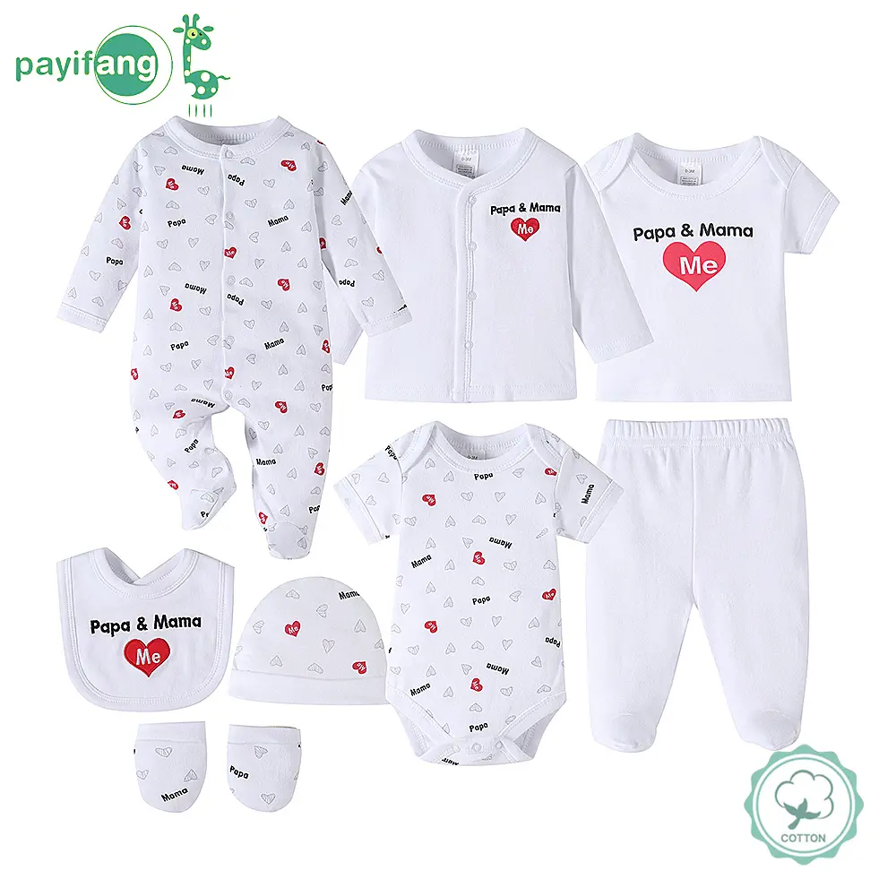 8-piece set of hospital birth supplies for male and female newborns. Includes baby onesie, bib, T-shirt, hat, gloves, coat, and pants in a combined set. Simple style, featuring father and mother.
