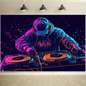 Tapestry Decor Large neon DJ party backdrop with non-electric glow-in-the-dark fabric mixing console.Vibrant purple, blue, pink, orange, black, teal colors for birthdays, weddings, clubs, festivals, or photo shoots.Easy setup, no electricity needed, dur