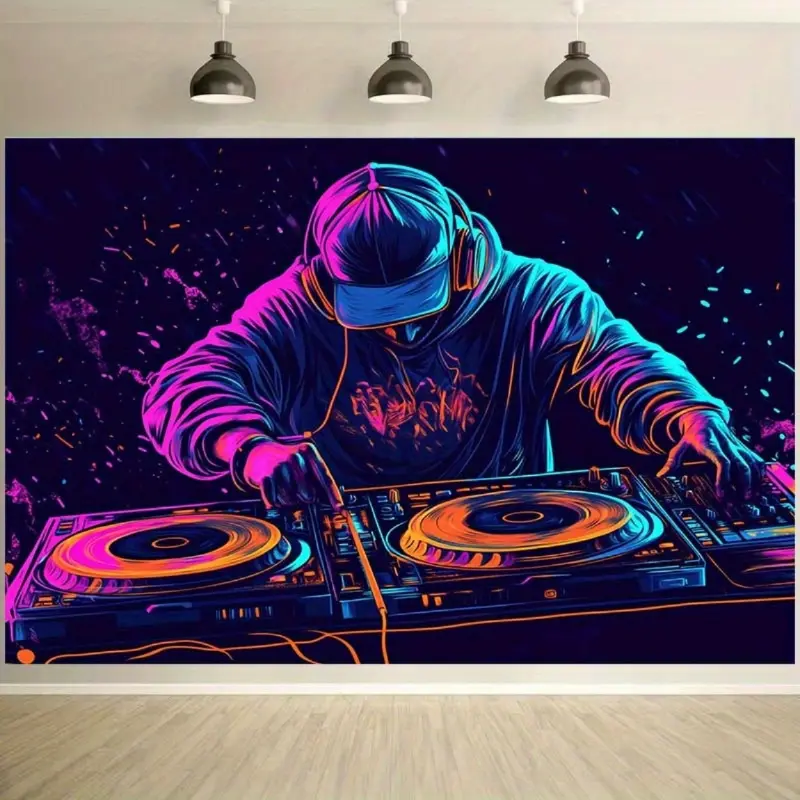 Large Neon DJ Party Tapestry Decor - Non-Electric Glow-in-the-Dark Synthetic Mixing Console Backdrop, Mixed Colors (Purple,Blue,Pink,Orange,Black,Teal) for 14 Years+, Birthdays, Weddings, Easy Install, Durable Home Decor