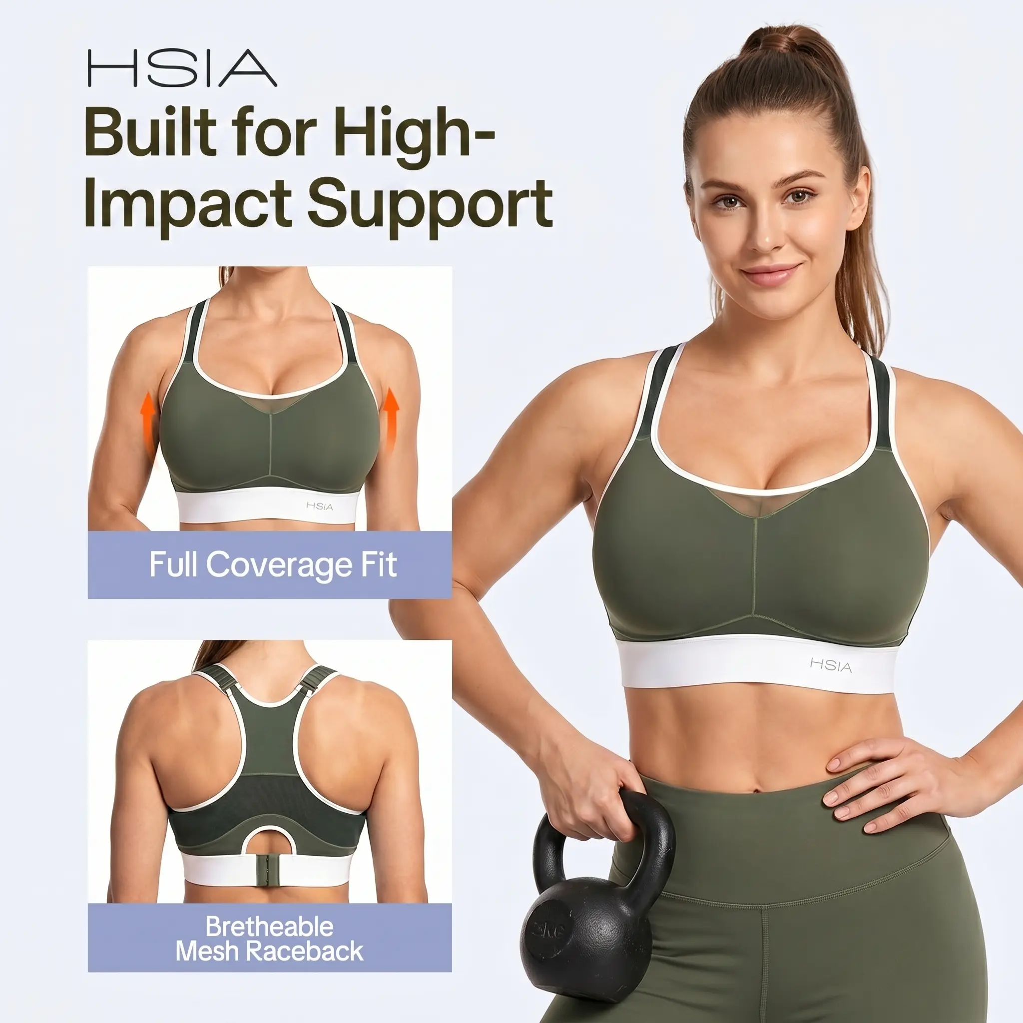 HSIA FlexCore Plus Size High Impact Wireless Fixed Molded Cups Full Coverage High Support Sports Bras for Women Racerback Workout Bra Breathable Advanced Moisture Wicking Fabric Mesh Back Bra Adjustable Padded Straps Gym Running Bra For Big Bust Women