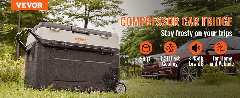 VEVOR 12 Volt Car Refrigerator Fridge with Wheels & Side Pull Rod Easy to Carry, TikTokShopBlackFriday, Max 58 QT/55 L Dual Zone Portable Freezer, -4℉-50℉ Adjustable Range, 12/24V DC and 100-240V AC Compressor Cooler