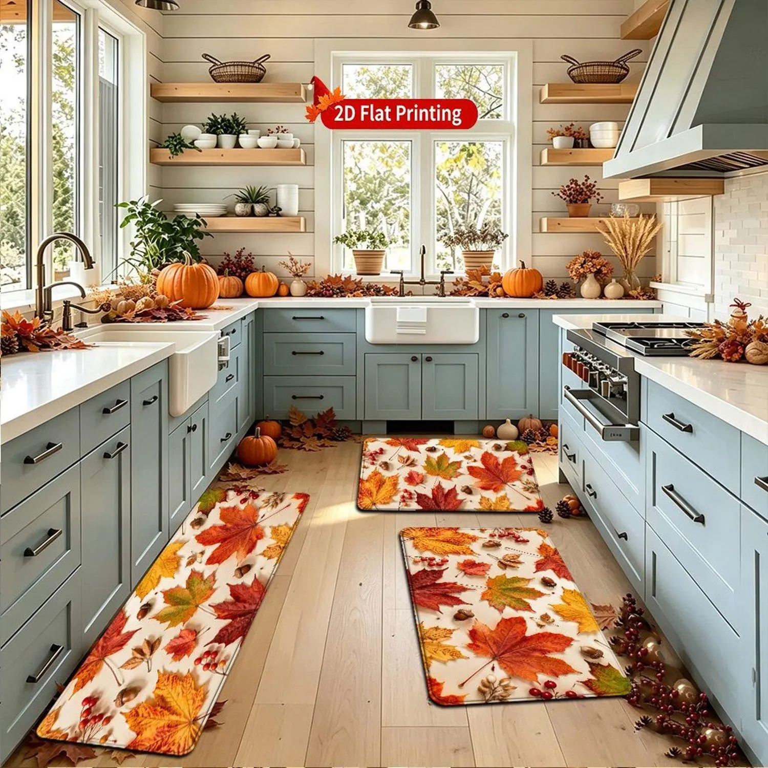 1‑Piece Flat Fall Thanksgiving Rug Leaf Pattern Flannel Printed Floor Mat, Lightweight, Non‑Slip and Machine‑Washable, Suitable for Indoor and Outdoor Spaces Such as Kitchens, Bedrooms, Living Rooms and Hallways‑Holiday Gift Welcome Mat
