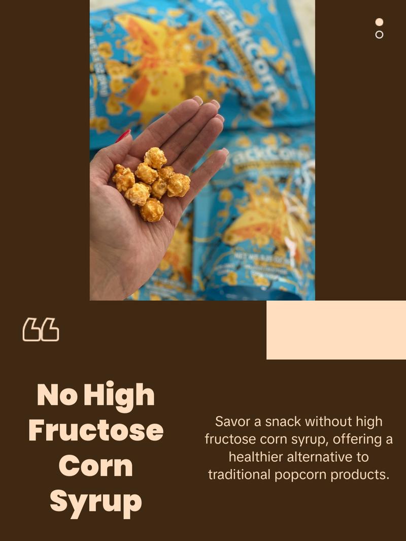 KrackCorn Popcorn Large 5-Bag Variety Pack+FREE Bag! Three Flavors. Crunchy Caramel. Savory Cheese. Spicy Jalapeno Heat. Gluten Free. Non GMO Corn. No High Fructose Corn Syrup.