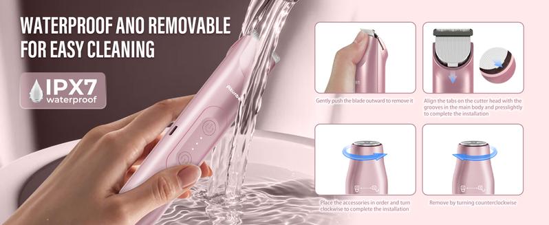 Bikini Trimmer for Women, Akunbem Electric Shaver and Razor Rechargeable 2-in-1 Body and Facial Hair Removal Double Head for Painless Trimming of Pubic Face Underarm Legs, IPX7 Waterproof, pink Soft Blades Smooth