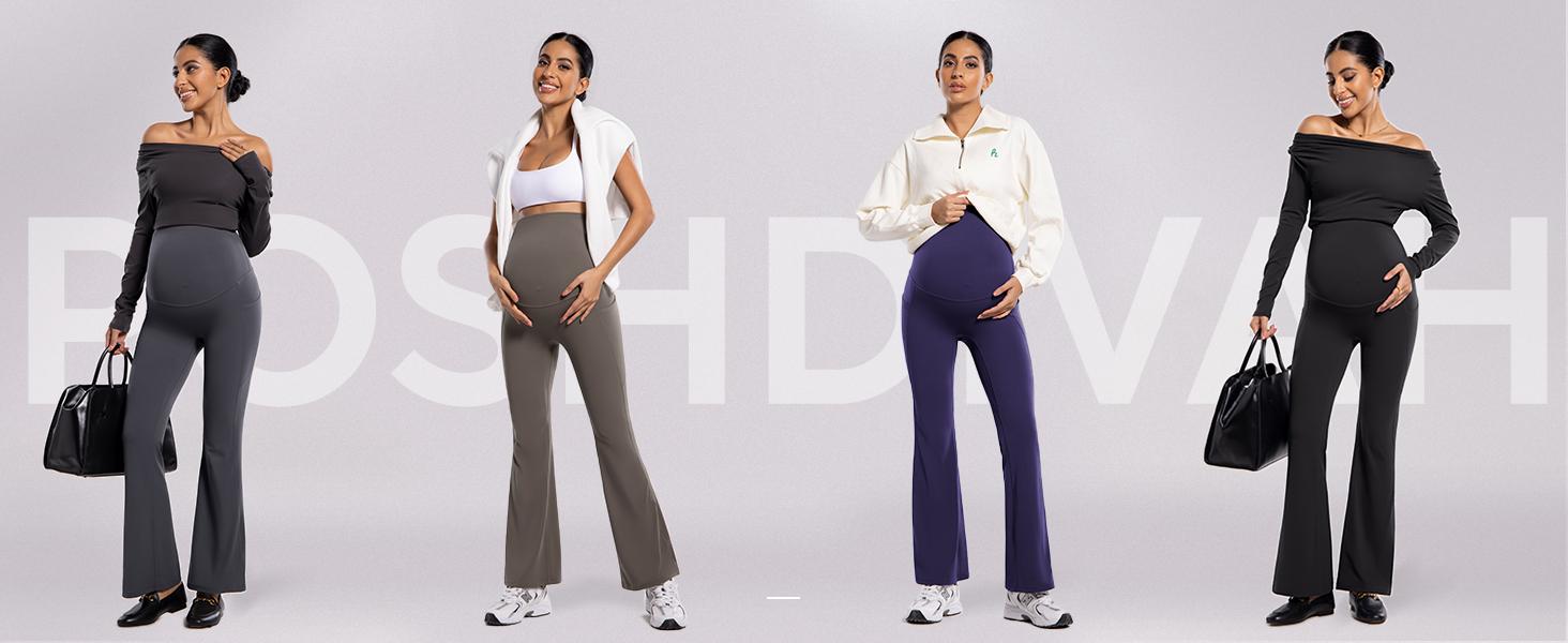 POSHDIVAH Women's Maternity Flare Leggings Over The Belly Pregnancy Workout Active Yoga Lounge Bootcut Pants with Pockets maternity bottom