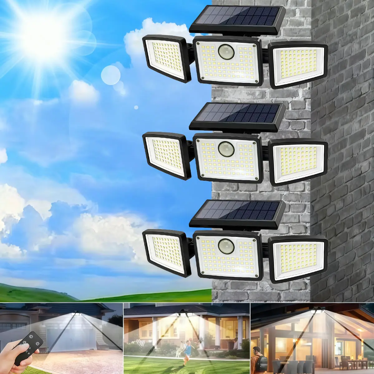 2-Pack Solar Outdoor Home Security Lights, 2500LM 3-Head Dimmable Spotlights with 3 Modes, IP65 Waterproof Adjustable Flood Lamp for US Outdoor Use