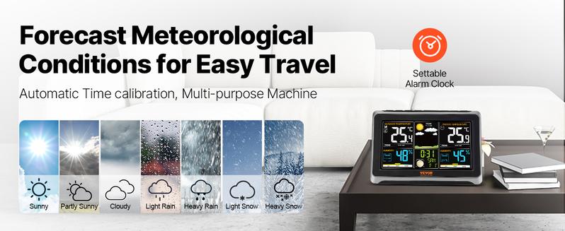 VEVOR Weather Station Indoor Outdoor,  7.5 in Large Color Display, Wireless Digital Home Weather Station, with Sensor Atomic Clock Adjustable Backlight Forecast Data Calendar Alarm Alert Temperature