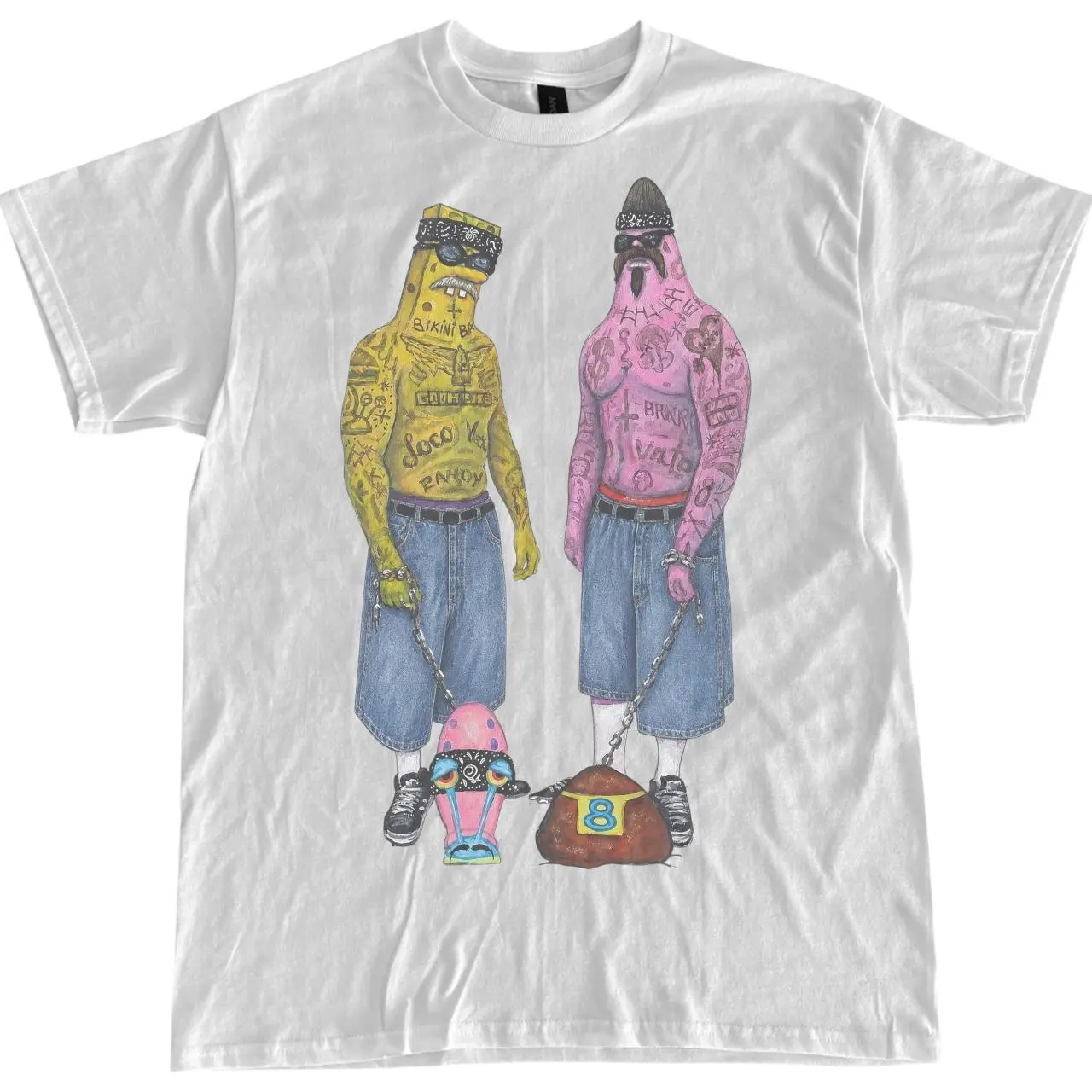 Men's White T-shirt, SpongeBob Patrick Gangster Graphic T-Shirt, Funny Cartoon Gangster Graphic T-Shirt, Y2K Streetwear Tee, Retro Meme Graphic Shirt, Vintage Cartoon Style Tee, Oversized Unisex Graphic Shirt