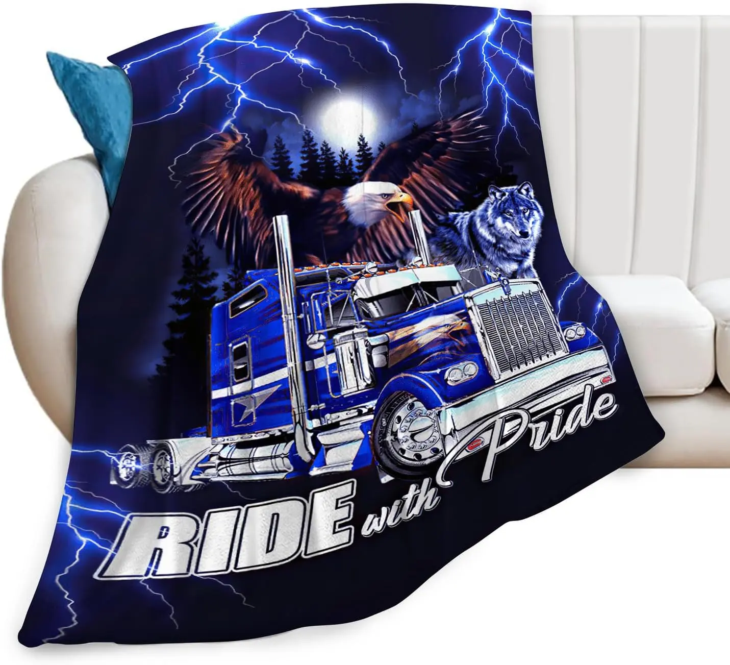 Truck Blanket for Trucker Gifts Flannel Fleece Fuzzy Lorry Throw Blanket Soft Warm Cozy Plush Eagle Wolf Pattern for Bed Couch Living Room Decoration for Kids Adult 60x50 Inch