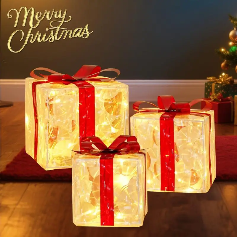 3pc Christmas Ornaments Gift Box - 8 Modes, Remote Control, Warm Light LED, Festive Ribbon, DIY Assembly, AA Battery Powered (Battery Not Included) for Indoor Outdoor Camping Hiking Holiday Snowflake Decor