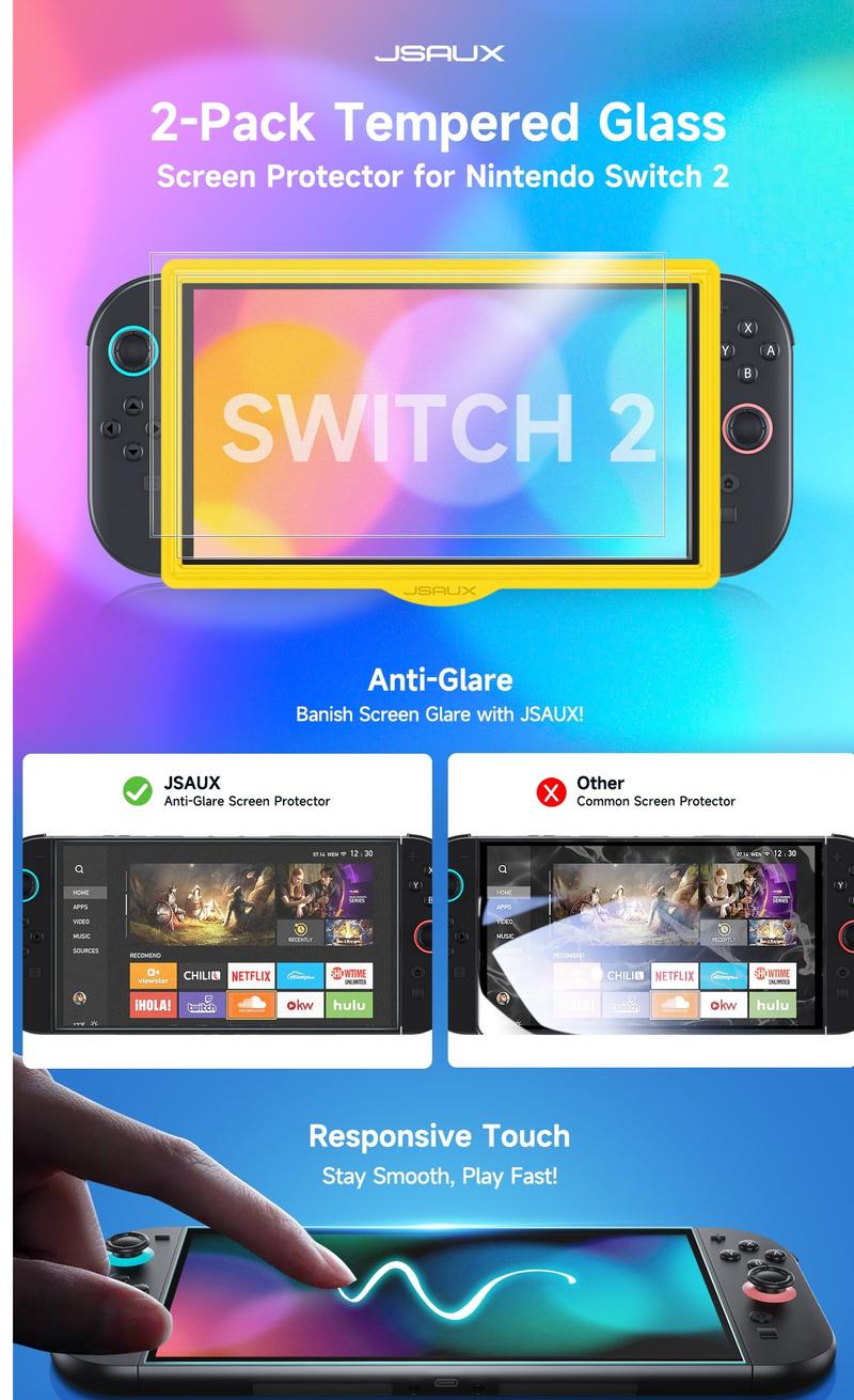 JSAUX 2-Pack Anti-Glare Screen Protector for Nintendo Switch 2, Matte Tempered Glass Protector Easy to Install with Guiding Frame 9H Hardness Scratch Resistant Accessories for Switch2