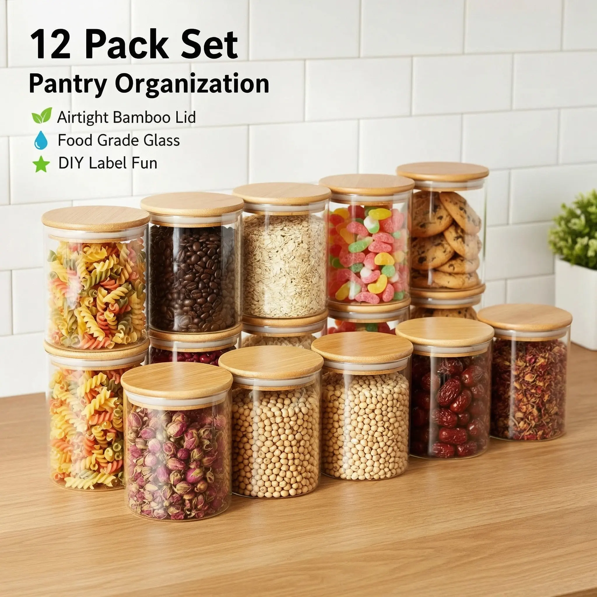 12-Piece Airtight Glass Pasta Storage Canisters (500ml/17oz) - Kitchen Canisters with Sealed Lids, Note Paper, Note Pens, Transparent Cylindrical Containers for Grains, Noodles, Seasonings, Kitchen Accessories, Ideal Gifts, Canister