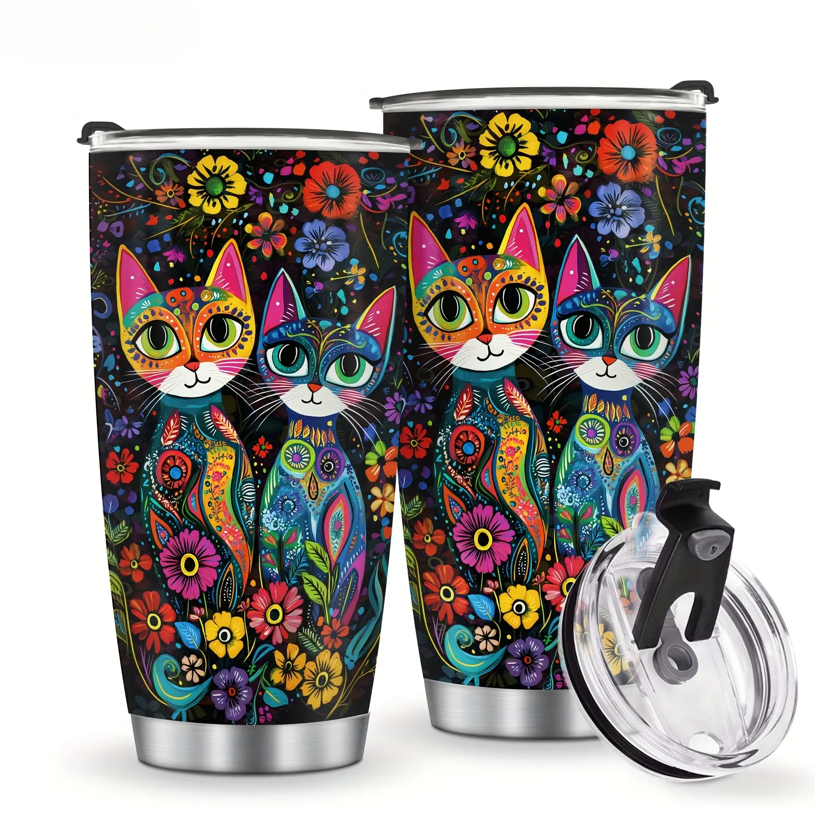 20oz Retro Cat & Flowers Food-Grade SS 304 Stainless Steel Insulated Thermal Tumbler for Cat Lovers - Leak-Proof Lid, Double Wall Vacuum, Cup Holder-Fit, Portable Camping Flask, Water Bottle for Home Coffee & Beach Use, Water Bottles