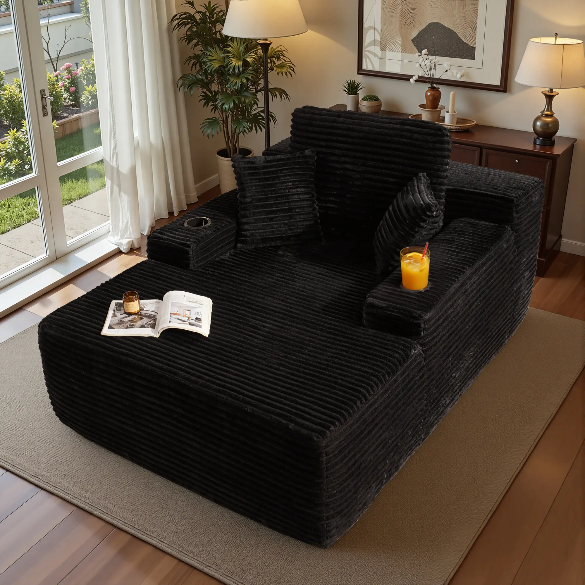 Chaise Lounge Only - Black Plush w/ Cup Holder