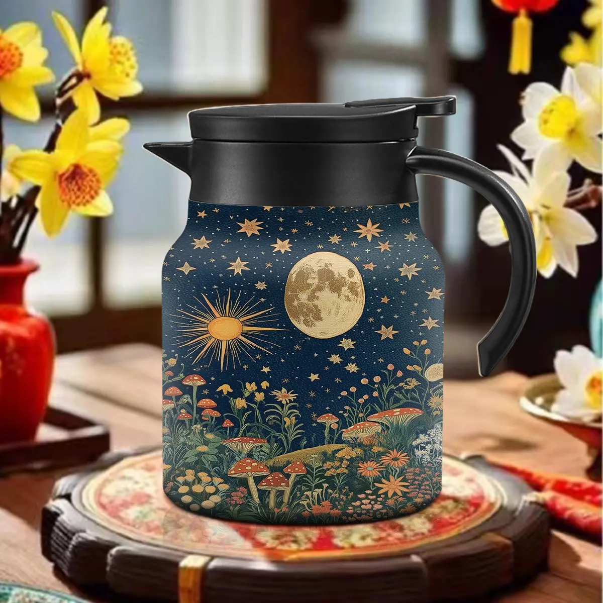 1000ML Tea Pot with Infusers for Loose Tea, Teapot, Water Bottle, Infuser, Infusion Tea Kettle with Sun and Moon Print, Ideal for Brewing Loose Leaf Tea, Durable Design, Perfect for Home Use, Enhance Your Tea Experience