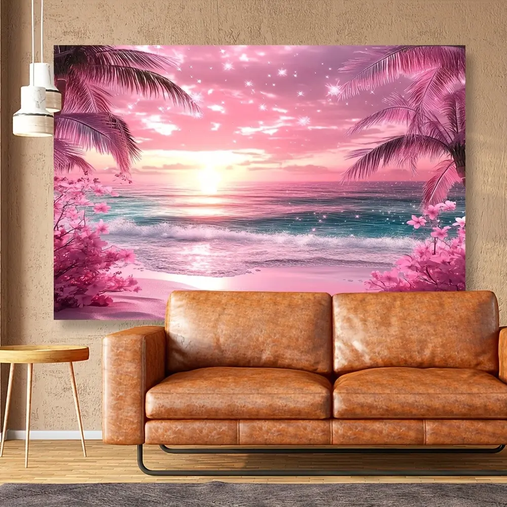 Large Tropical Beach Sunset Tapestry - Retro Blush Pink Palm Tree Coastal Print Decorative Wall Art, Durable Polyester, Easy to Hang, Home Inspo Decor, Ideal for Home Parties, Perfect Gift for Girls