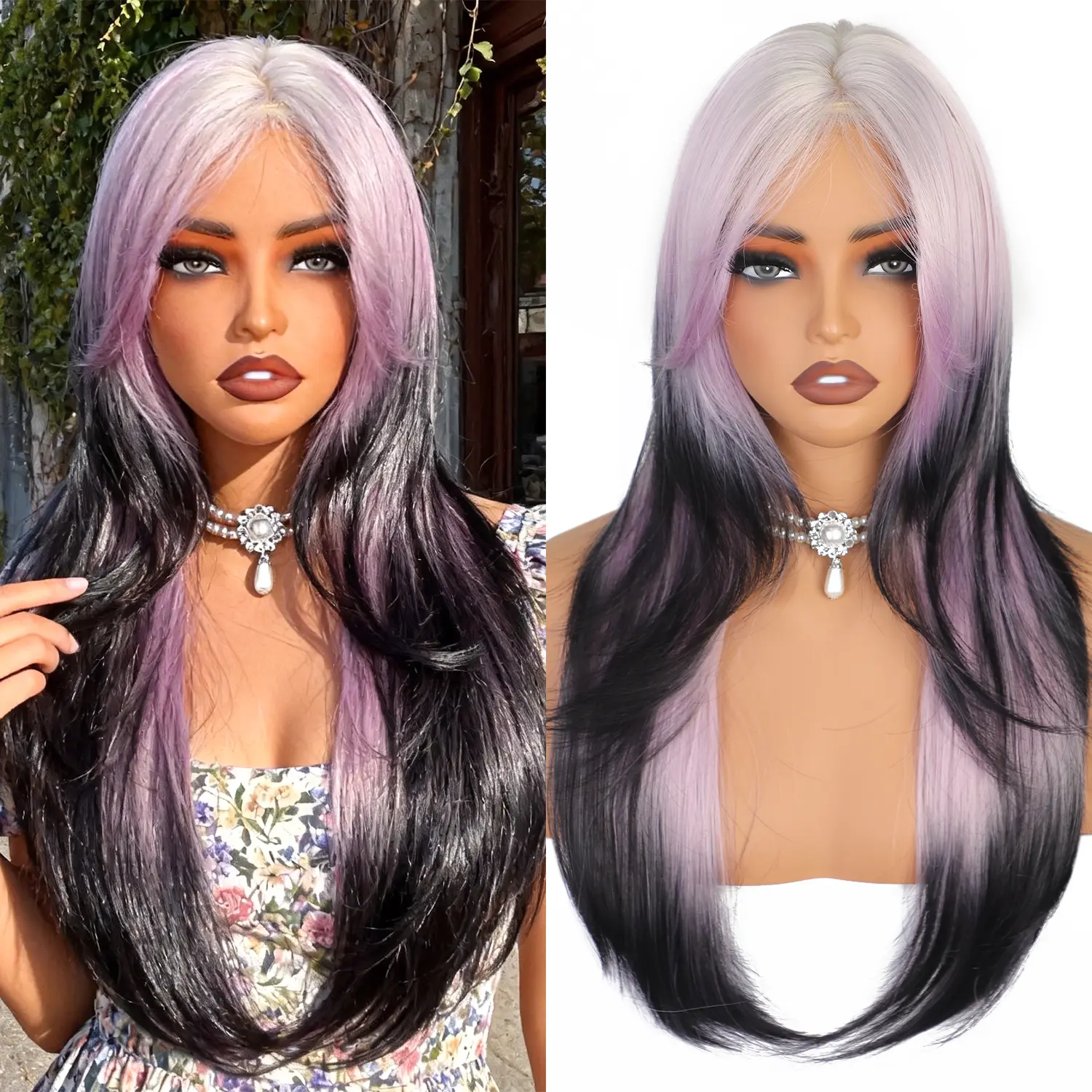 WIGQUEEN 24" Colored Long Straight Women's Synthetic Full Machine Wig, Layered High-Density Heat-Resistant Hair with Curtain Bangs for Daily, Party Use, Synthetic Full Machine Wigs