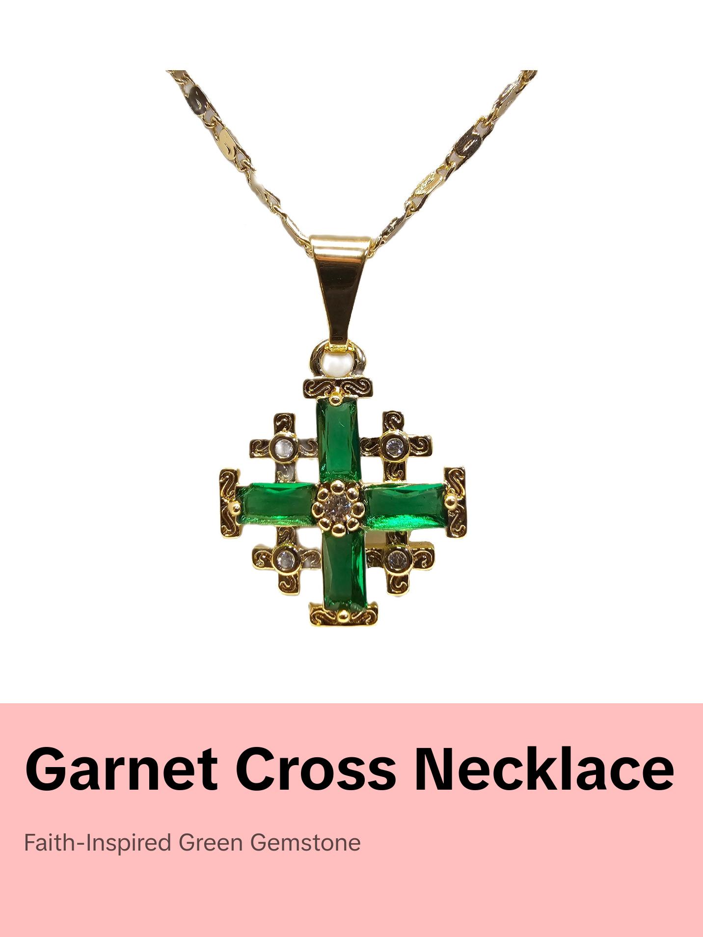 Gold Plated Jerusalem Cross Pendant Green Garnet Crystallized 20" Necklace with High-Quality Materials and Meaningful Symbolism