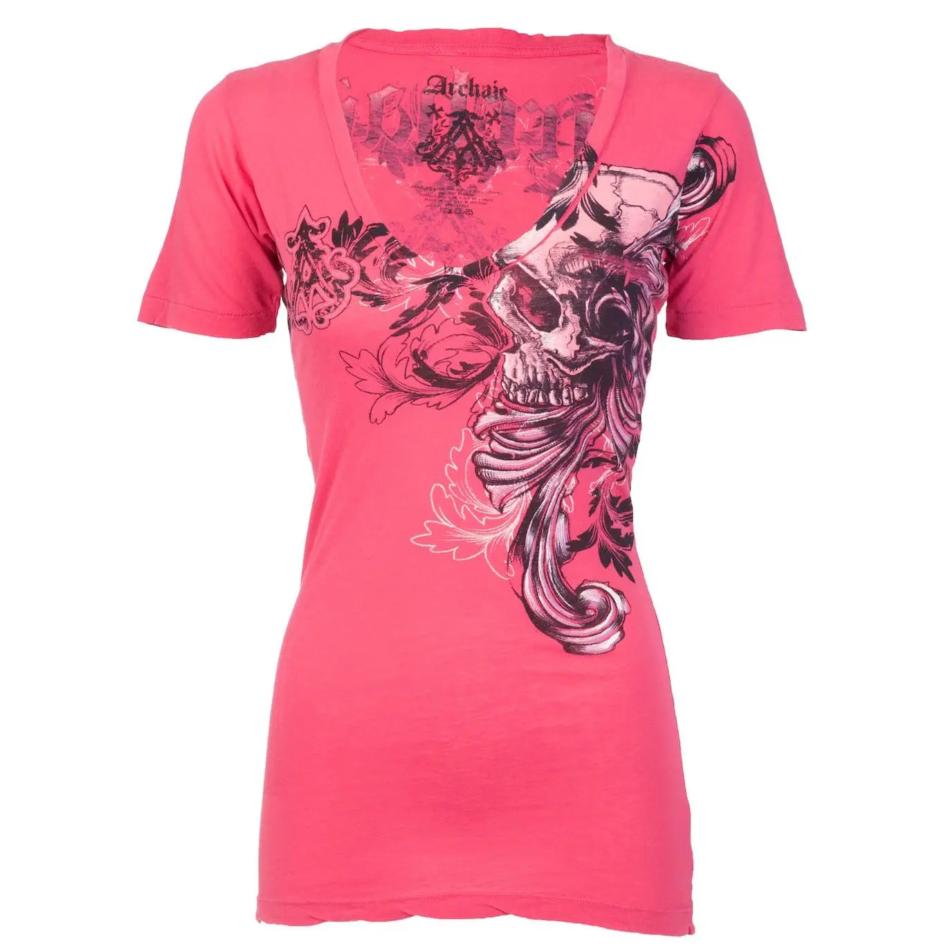 Women's Archaic by Affliction Gothic Biker V-Neck Fitted Short-Sleeve Graphic Cotton 2000s T-Shirt - Streetwear Alt Clothing Women, All Seasons Daily Wear Casual Top, Front/Back Print, Pure Cotton, Size L
