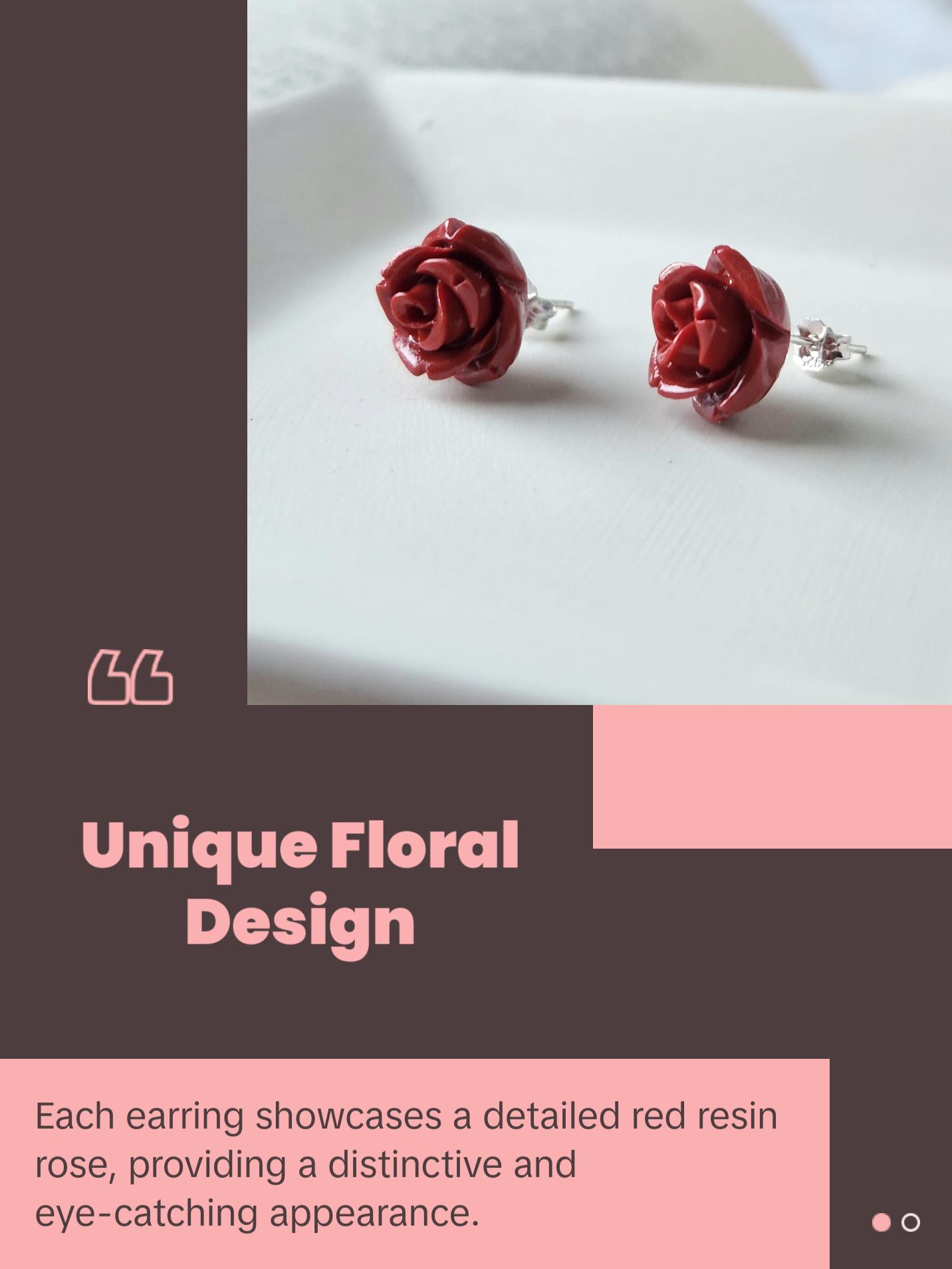 Red Rose Earrings Sterling Silver Cottagecore Studs Red Resin Flower Jewelry