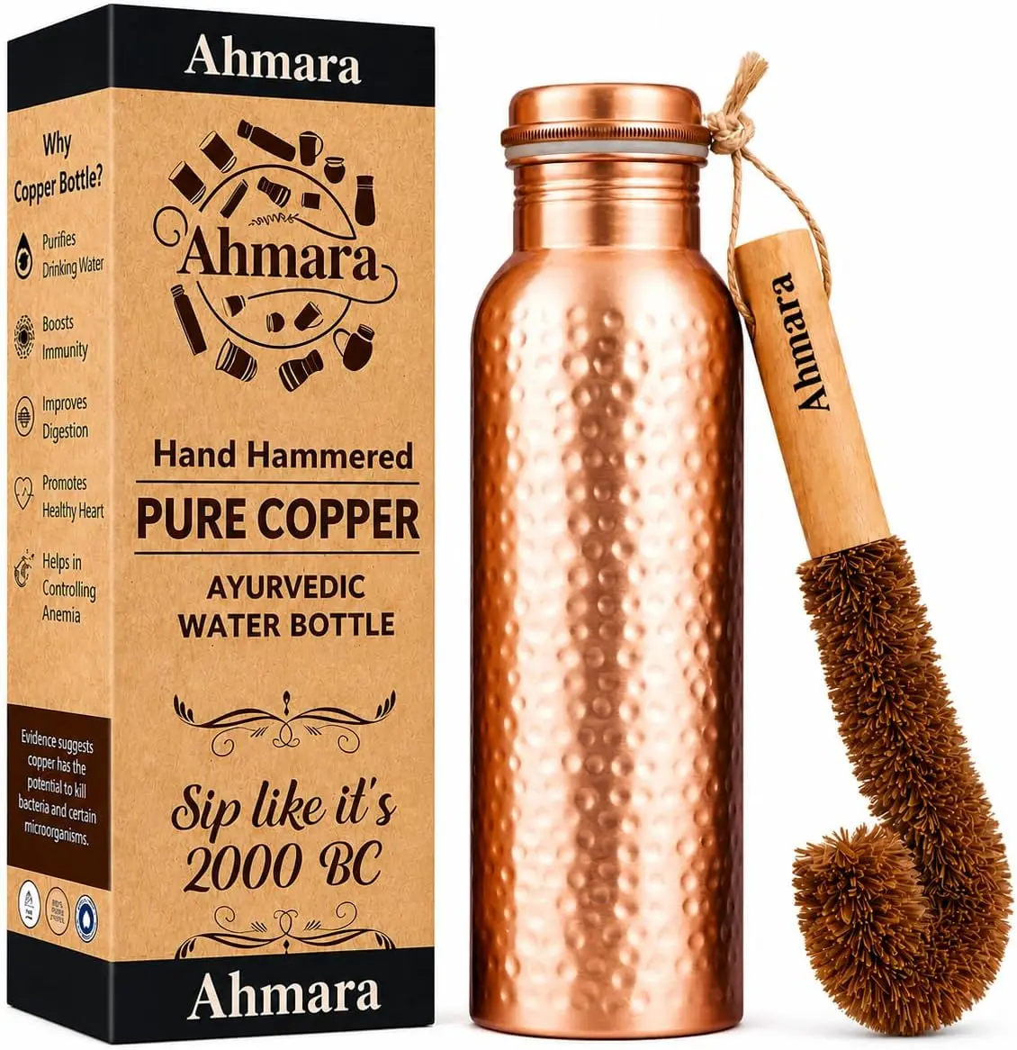 Pure Copper Water Bottle 34 Oz (1L) – Hammered Ayurvedic Drinking Bottle with Brush, Wide Mouth, Leak-Proof, BPA-Free, Reusable Copper Bottle