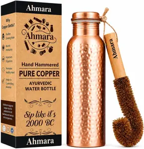 Pure Copper Water Bottle 34 Oz (1L) – Hammered Ayurvedic Drinking Bottle with Brush, Wide Mouth, Leak-Proof, BPA-Free, Reusable Copper Bottle